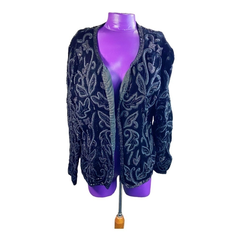 Niteline Della Roufogali vintage black rayon beaded formal embroidered jacket